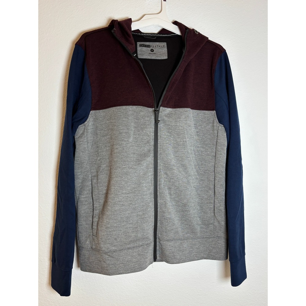 Aeropostale Mens Colorblock Full Zip Hoodie Gray Burgundy Navy Blue Size M
